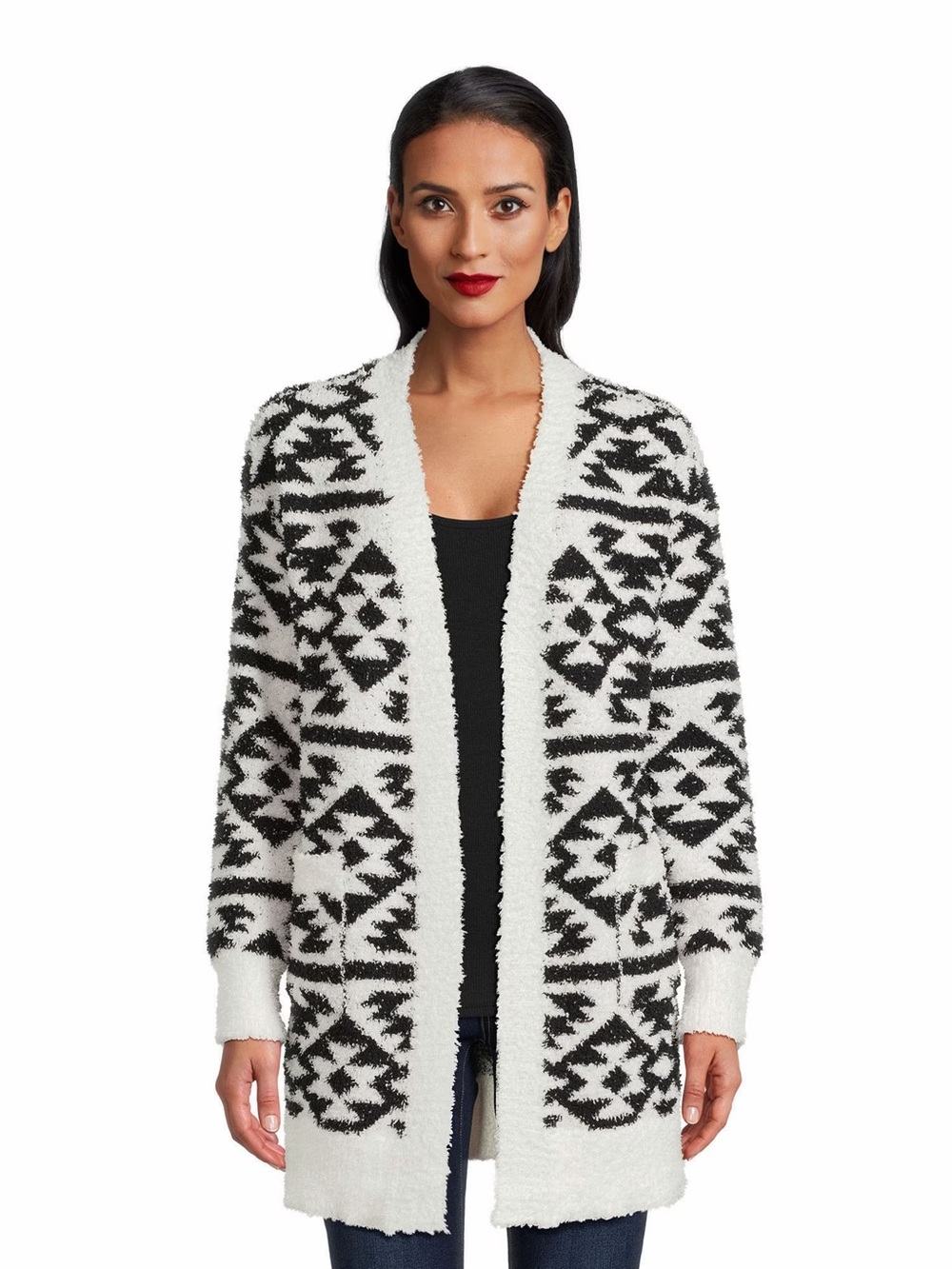 Cozy Black & White Geo Open-Front Women's Sweater Cardigan